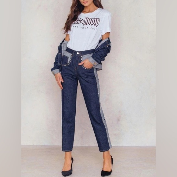 Gigi Hadid X Tommy Hilfiger Mid Rise Studded Two Toned Blue Crop Straight Jeans - Picture 1 of 14
